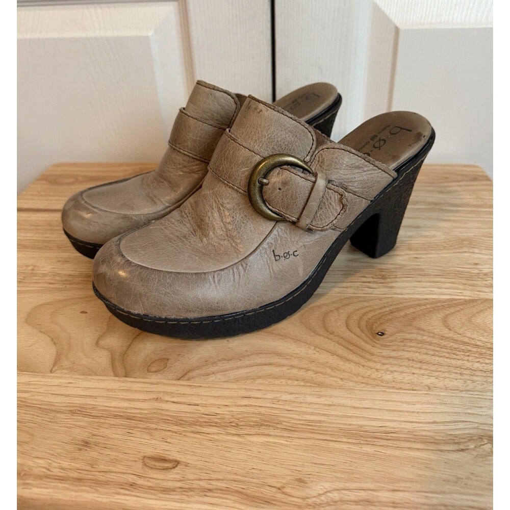BOC Born Concept Tan Leather Buckle Detail Mule Clogs Chunky Heel Size 8